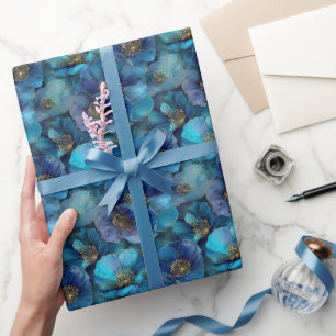 Papier Cadeau Fleurs aquarelles abstraites bleu or