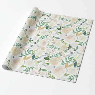Papier Cadeau Fleurs aquarelles avec Parties scintillant or Faux