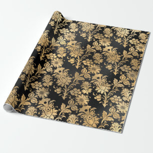 Papier Cadeau Fleurs au crayon d'or en noir