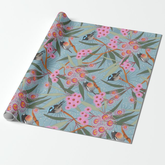 Papier Cadeau Fleurs australiennes d'eucalyptus avec des oiseaux (Déroulé)
