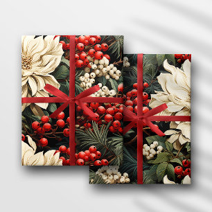Papier Cadeau Fleurs, Baies et Feuilles Gras de Noël/Fêtes