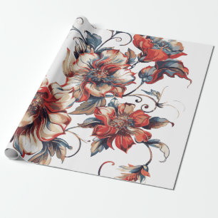 Papier Cadeau Fleurs baroques vintage Terracotta et Bleu