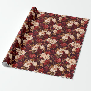 Papier Cadeau Fleurs beiges bordeaux bohème