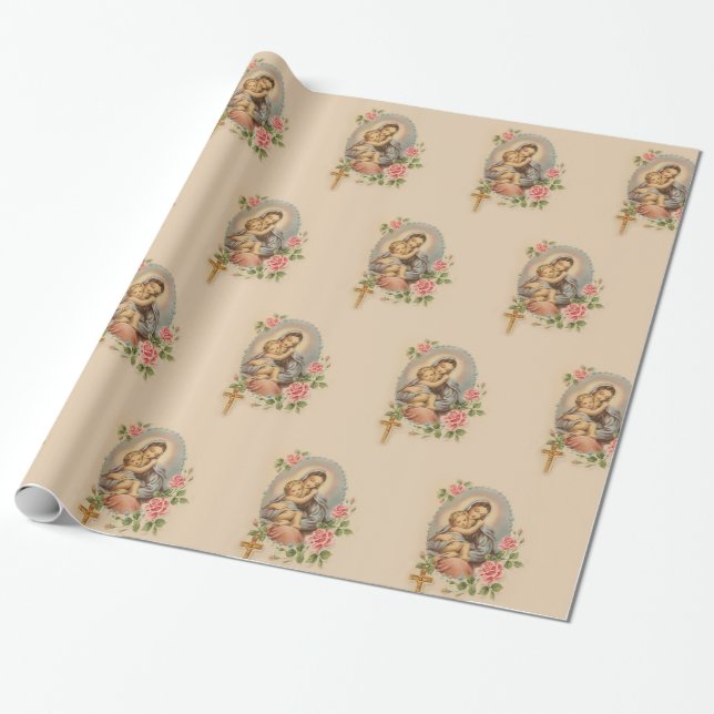 Papier Cadeau Fleurs bénies de Jésus de bébé de mère de Vierge (Déroulé)