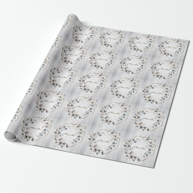 Papier Cadeau Fleurs blanches à l'aquarelle cadre doré sarcelle  (Déroulé)