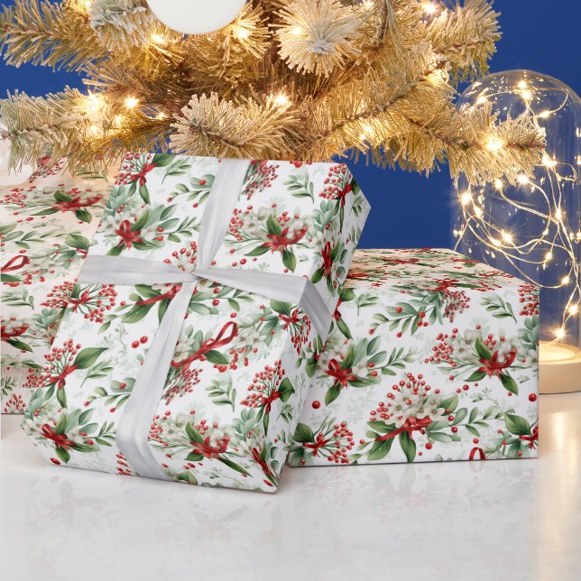 Papier Cadeau Fleurs blanches de Noël et baies rouges (Vacances)
