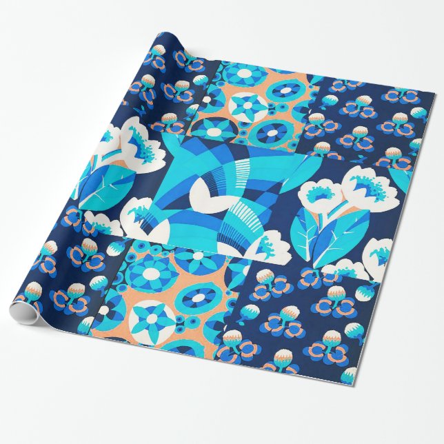 PAPIER CADEAU FLEURS BLANCHES HAWAII BLEU BOLD FLORAL PATCHWORK (Déroulé)