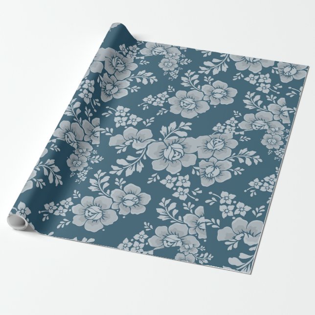 Papier Cadeau Fleurs blanches réversibles Arrière - plan bleu fe (Déroulé)