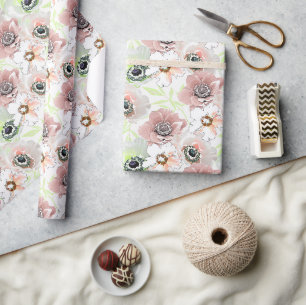 Papier Cadeau Fleurs blanches, roses.