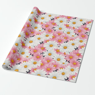 Papier Cadeau Fleurs blanches roses Graphisme esthétique
