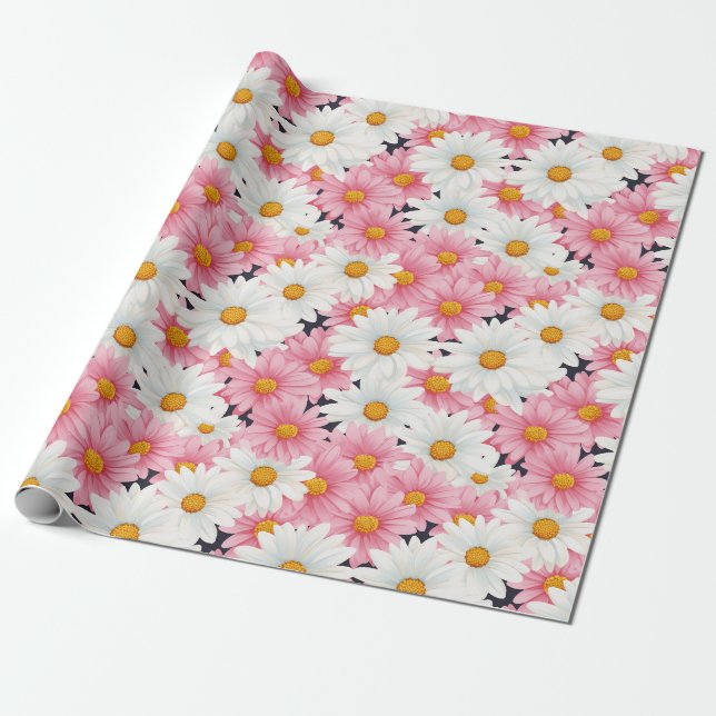 Papier Cadeau Fleurs Blanches Roses Graphisme Esthétique (Déroulé)