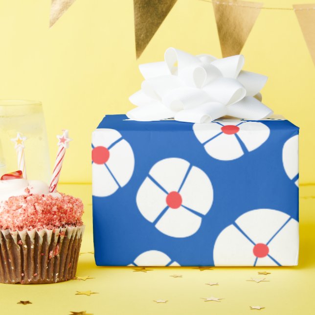 Papier Cadeau Fleurs Blanches Sur Bleu (Fête d'anniversaire)