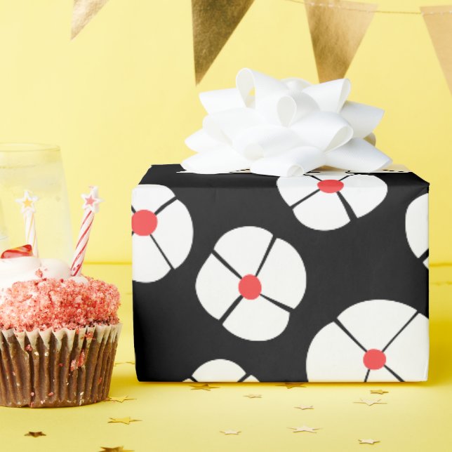 Papier Cadeau Fleurs blanches sur noir (Fête d'anniversaire)