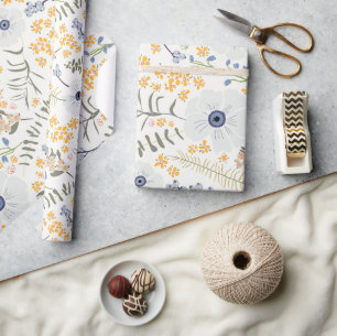 Papier Cadeau Fleurs Bleu Jaune Motif botanique