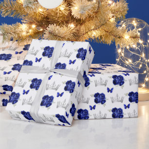 Papier Cadeau Fleurs Bleu Marine et Couronnes d'Argent