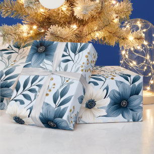 Papier Cadeau Fleurs bleues et beiges