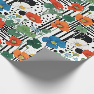 Papier Cadeau Fleurs Bleues Et Blances Oranges, Noires Et Blanch