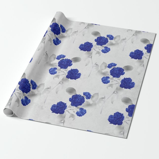 Papier Cadeau Fleurs bleues et Feuilles gris sur blanc (Déroulé)