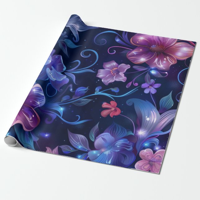 Papier Cadeau Fleurs bleues et roses de minuit (Déroulé)