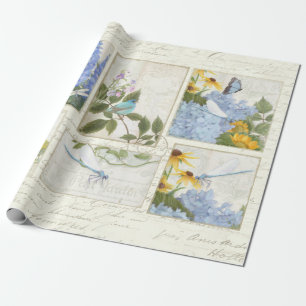 Papier Cadeau Fleurs Bleues Fleurs de soleil Dragonfly Script D