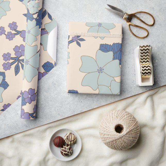 Papier Cadeau Fleurs Bleues, Fleurs Violettes, Motif Floral (Artisanat)