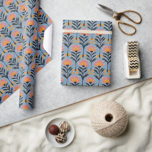 Papier Cadeau Fleurs bleues joyeuses rétro