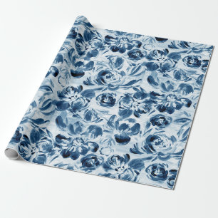 Papier Cadeau Fleurs bleues pincées sur papier d'emballage bleu 