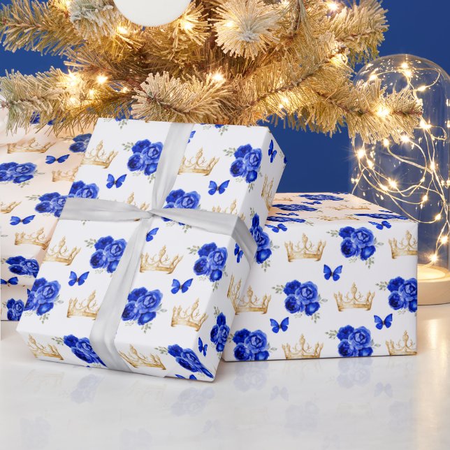 Papier Cadeau Fleurs bleues royales et Couronnes d'or (Vacances)