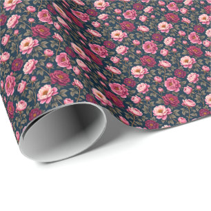 Papier Cadeau Fleurs bordeaux et roses