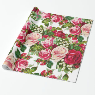 Papier Cadeau Fleurs botaniques de roses rouges vintages de rose