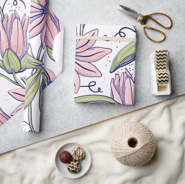 Papier Cadeau Fleurs botaniques mignonnes rose et vert l Occasio (Artisanat)