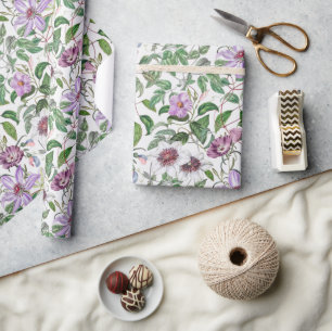 Papier Cadeau Fleurs botaniques vintage vert lilas blanc