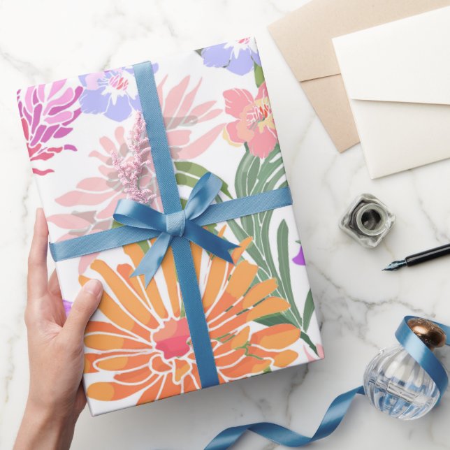 Papier Cadeau Fleurs brillantes violet bleu rose orange rose (Cadeaux)