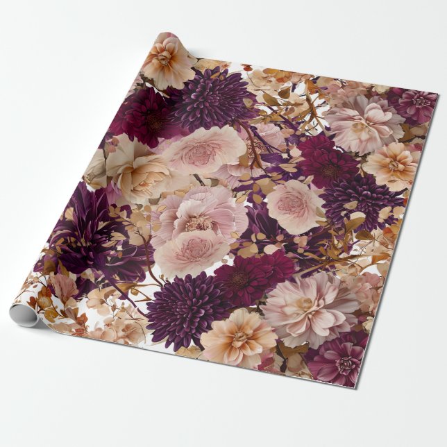 Papier Cadeau Fleurs champêtres rustiques burgundy et rose pâle  (Déroulé)