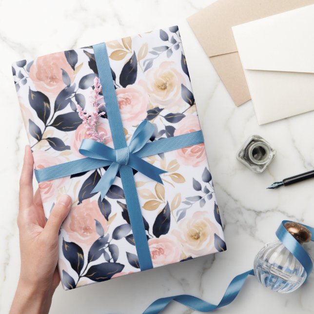 Papier Cadeau Fleurs Chic Rose Bleu Shower de Mariage (Cadeaux)