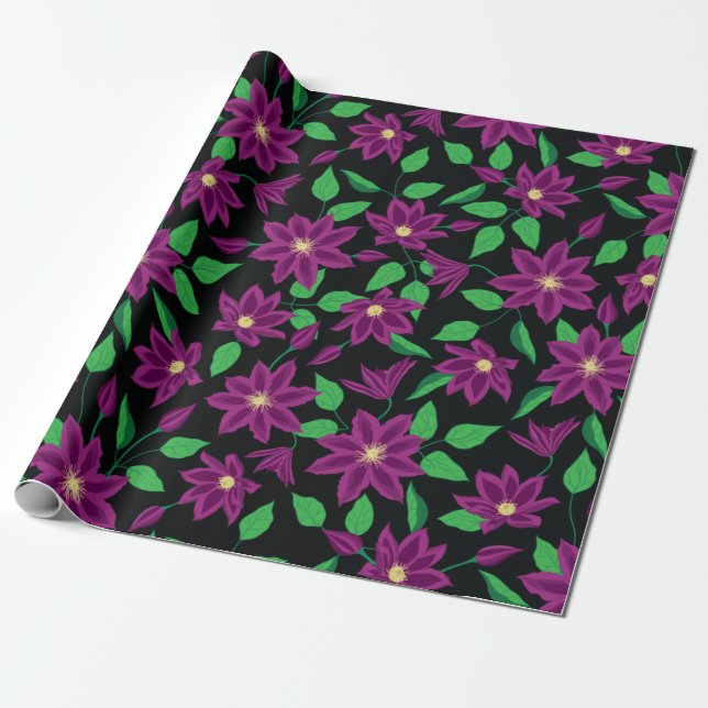 Papier Cadeau Fleurs clematis violet motif (Déroulé)