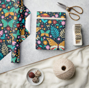 Papier Cadeau Fleurs colorées et papillons motif