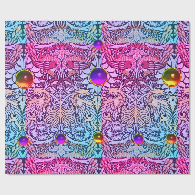 PAPIER CADEAU FLEURS, COQUES DE PAIX, DRAGONS, GÈMES JAUNES ROSE (Plat)