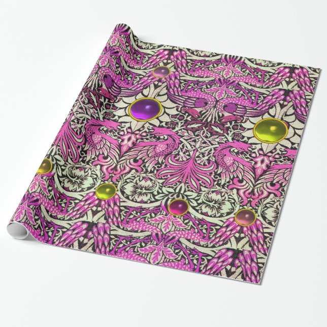 PAPIER CADEAU FLEURS, COQUES DE PAIX, DRAGONS, PIERRES JAUNES RO (Déroulé)