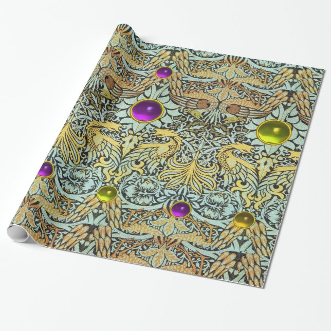 PAPIER CADEAU FLEURS, COQUES DE PAIX, DRAGONS, PIERRES JAUNES VI (Déroulé)