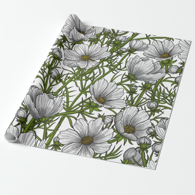 Papier Cadeau Fleurs cosmos blanches (Déroulé)