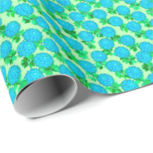 Papier Cadeau Fleurs Dahlia en bleu turquoise et vert