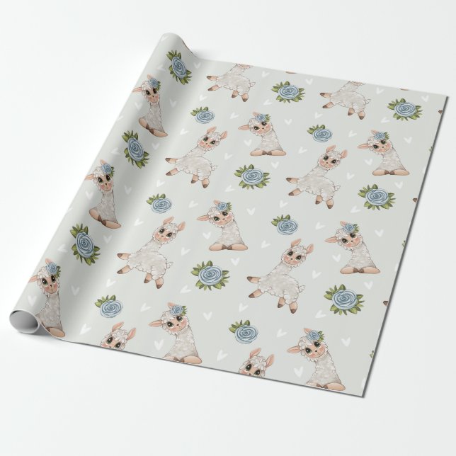 Papier Cadeau Fleurs d'alpaga animal de lama mignonne (Déroulé)