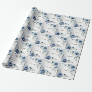 Papier Cadeau Fleurs d'Aquarelle bleu Dusty Silver Elégant