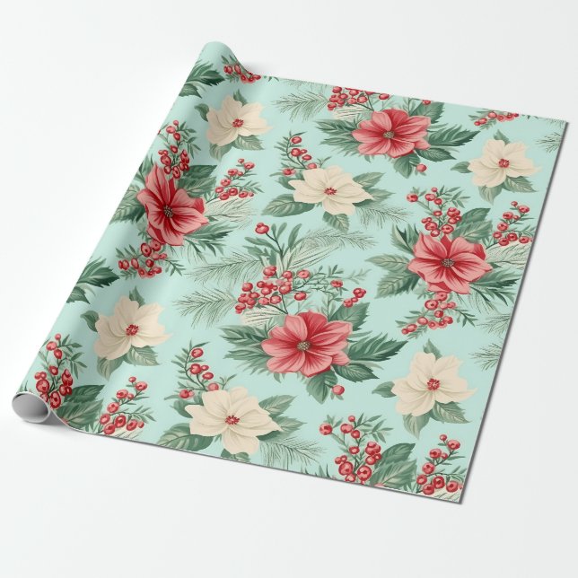 Papier Cadeau Fleurs d'aquarelle de Noël blanc et rouge en bleu (Déroulé)