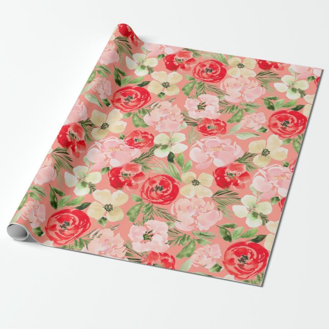 Papier Cadeau Fleurs d'aquarelle de Noël vert et bleu rose (Déroulé)