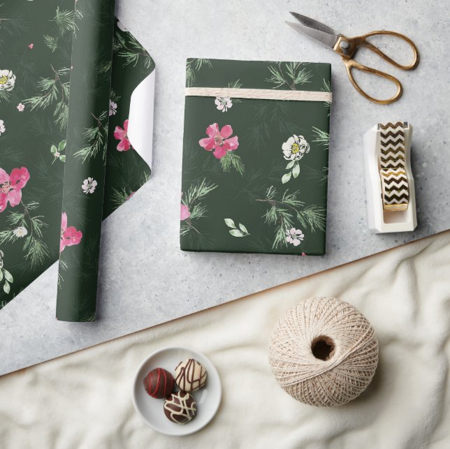 Papier Cadeau Fleurs d'aquarelle de Noël vertes et bleues (Artisanat)