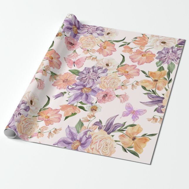 Papier Cadeau Fleurs d'aquarelle et papillons sauvages rose (Déroulé)