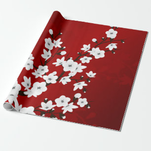 Papier Cadeau Fleurs d'Asie Rouge Fleurs de Cerisier Blanches