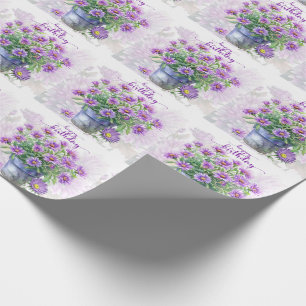 Papier Cadeau Fleurs d'Aster pourpre dans un pot Joyeux annivers